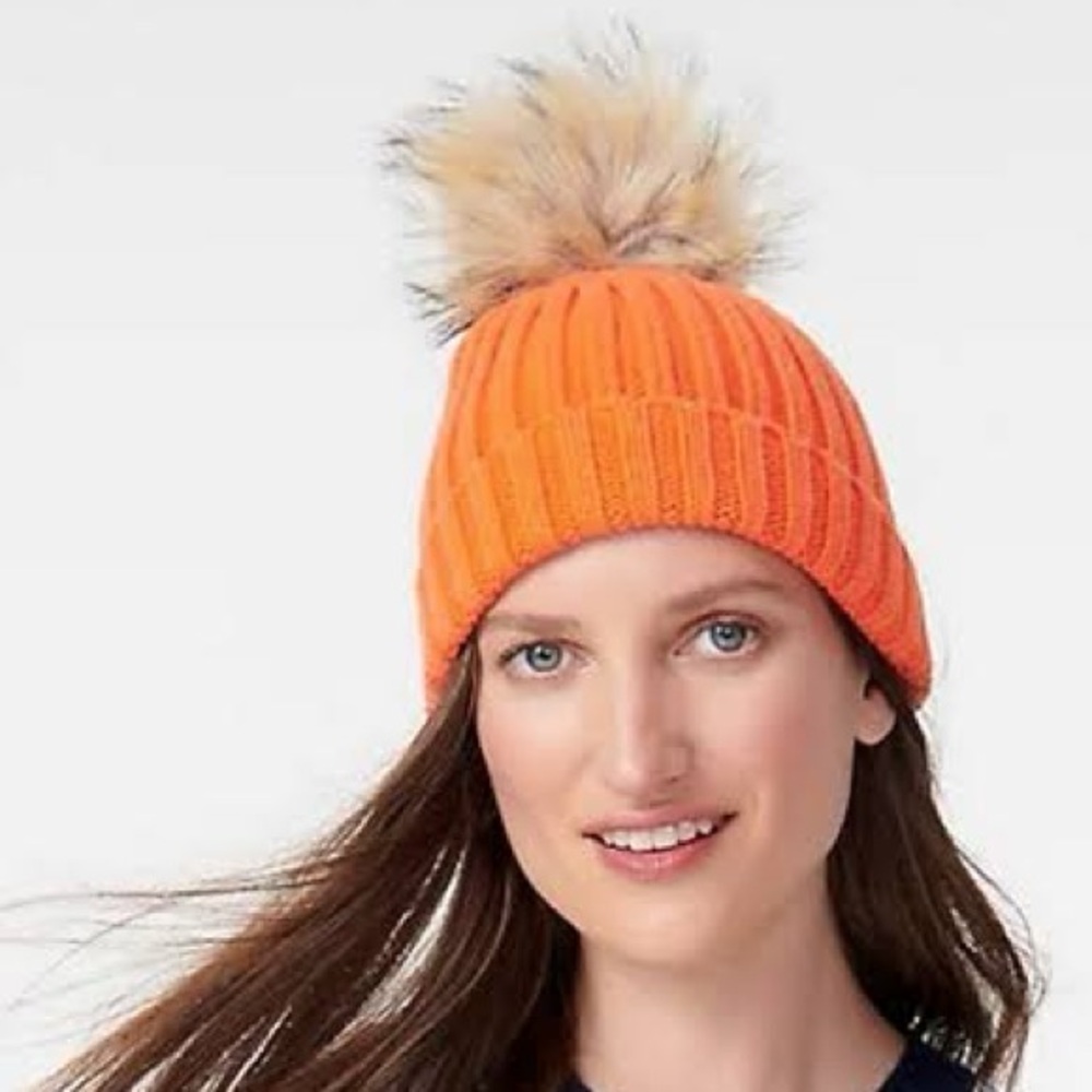 J. Crew Ribbed Knit Beanie with Faux Fur Pom Pom
